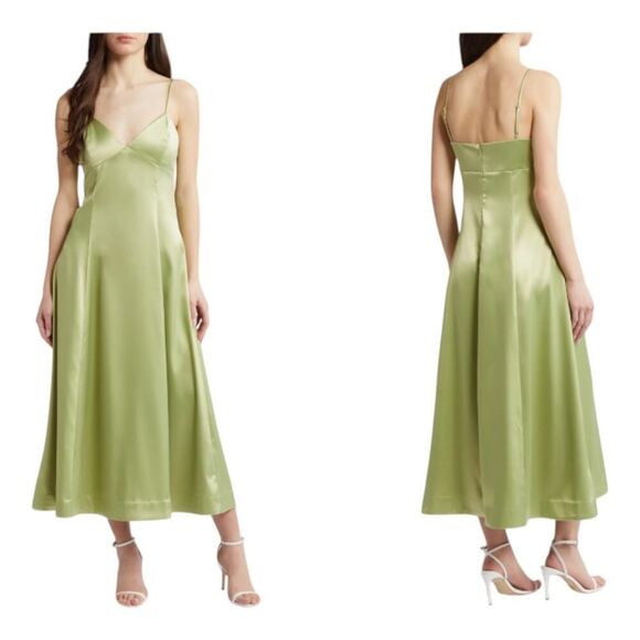 NEW WAYF The Elodie Green Silky Satin Midi Dress | Imperfections* Party | Medium - Picture 1 of 15